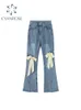 Мужские штаны Flare Jean Vintage Bow Ruped Hollow Out дамы высокой талии Harajuku Fashion Stretch Pocket Широкие джинсовые брюки 230707