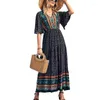 Festklänningar Bohemian Beach Lång Klänning Dam Kläder 2023 Sommarknapp V-ringad Utsvängda ärmar Boho Hippie Chic Maxi Vestidos