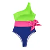Maillot de bain femme maillot de bain une pièce femme une pièce multicolore patchwork ceinture papillon boucle simple épaule bikini géométrique M
