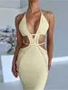 الثياب المثيرة الحضرية Wsevypo Women Halter Tie-up Knit Crochet Beach Dress Sexy Sexy Loofeless Deep V Dutout Weist ملفوفة Bodycon Dress Clubwear 230707