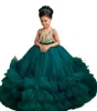 Hunter Green Flower Girls Robes Pour Mariages Jewel Neck Illusion Sans Manches Cristal Perles Tiered Tulle Anniversaire Enfants Pageant Robes Balayage Train