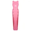 6fkn Basic Casual Dresses Casual Dresses Women Fashion Pink Long Bandage Dress Hollow Out Metal Loop Embillied Irregular Split Skirt Red Carpet Gown 2023summe 1TMQ