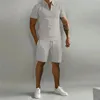 Agasalhos masculinos de verão ternos casuais com zíper lapela manga curta camisa polo elegante shorts de cor sólida conjuntos de 2 peças 230707