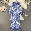 CAPRIS SUMMER RUNWAY BLUE와 WHITE LOONT DRESS 여성 Oneck Flare Sleeve Floral Print Bloral Print Bohemian Side Split Maxi restidos