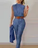 Pantaloni a due pezzi da donna Estate Denim Blu Set da donna Colletto alla coreana Senza maniche Top a vita alta Stampa da lavoro 2 pezzi Completi da donna Casual