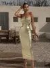 Vestido Casual Básico Sexy Alça Espaguete Vestido Midi Dourado Moda Envolto Peito Magro Sem Costas 2023 Festa de Verão Clube Bodycon Vestidos 230707