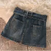 Skirts Gidyq Vintage Denim Mini Skirts Women Summer Sexy Solid Belt Jeans Skirts Female Casual Ball Gown Korean Slim A Line Skirts 230707