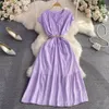 Summer Gentle Style Retro Temperament V-Hals midja Slim Cut Out Brodered A-Line Dress Elegant Large Swing Long Dress