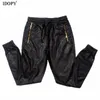 Calça Masculina Idopy Calça Masculina Outono Couro Sintético Harém Hip Hop Tornozelo Zíper Dourado Cintura Elástica Calças PU com Cordão para Masculino 230707