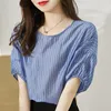 Calças de manga curta camisa listrada blusa feminina 2022 verão topos casual solto drape topo moda rosa azul blusas roupas mujer