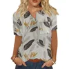 Women's T Shirts Summer Fashion Ladies Short Sleeve Button Chest Pocket Feather Print Shirt Womens