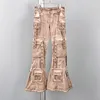 2023 Zomer Runway Effen Katoen Flare Jeans Vrouwen Mode Hoge Taille Geperforeerde Likdoorns 6 Zakken Cargo Broek Blauwe Oceaan