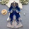 Basic Casual Dresses Court Retro Long Sleeves Single Breasted Maxi Shirt Dress Women Summer New Fashion V Neck Printing Elegant Clothes Vestidos 2023