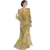 Women's beach holiday three quarter sleeve sashes high waist yellow flower print maxi long chiffon dress SMLXL