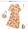 2023 Summer Yellow Plaid Print Panelled Silk Dress Short Sleeve Round Neck Knee-Length Casual Dresses C3Q04 Plus Size XXL 5079