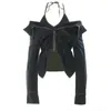 女性のジャケット 2023 春ストリートファッションパーソナライズ V ネックジッパー高弾性デニムブラシャツコート 2 点セット