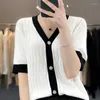 Women's Knits Spring Summer Fine Women Short Sleeve Sweater T-shirt V-neck Color Block Cardigan Casual Knitted Soft Jacket Top