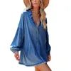 Women's Blouses Women Long Denim Shirt Plain Color Turn-Down Collar Sleeve Front Button Loose Style Dress With Pockets