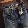 Pantalones vaqueros para Hombre Ly diseñador moda Hombre alta calidad Retro azul elástico Slim Fit Vintage Redline orillo pantalones de mezclilla Hombre