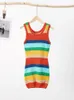 Urban Sexy Dresses Knitted Rainbow Patchwork Women Mini Dress Casual O-Neck Sleeveless With Holes Skinny Dresses Female Trend Bodycon Streetwear 230707