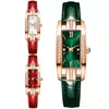 Orologi da polso Orologi da donna Fashion Square Orologio al quarzo da donna Set di braccialetti Quadrante verde Semplice pelle da donna di lusso