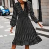 Casual Jurken Sexy Dot Print Laag Uitgesneden Jurk Vrouwen Diepe V Elastische Tie Taille Lantaarn Mouw Ruche Elegante Vrouwelijke Herfst Streetwear Vestido