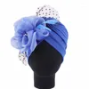 Etnische Kleding Elegante Vrouwen Veer Bloem Tulband Caps Moslim Hoofddeksels Motorkap Femme Musulman Head Wrap Cap Lady Beanie Haaraccessoires