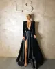 Black Sexy Bling Split Side Dresses African Long Sleeves V Neck Sequined Top A Line Special Ocn Prom Gowns Evening Vestidos estidos