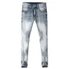 Herrjeans Italiensk stil Mode Herr Retro Ljusgrå Blå Elastisk Stretch Ripped Slim Fit Vintage Designer jeansbyxor