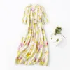 2023 Summer Multicolor Floral Print Panelled Silk Dress Short Sleeve V-Neck Buttons Midi Casual Dresses C3Q04 Plus Size XXL 5071