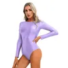 Traje de baño Sexy para mujer, traje de baño de leotardo para mujer, traje de baño de manga larga con cuello redondo y espalda en U, traje de baño liso brillante de una pieza