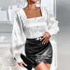 Women's Blouses Elegant Fashion Long Lantern Sleeve Square Collar Corset T-shirt Blouse Y2K Clothes Women Summer Satin Court Style Shirt Top