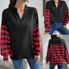 Blouses pour femmes automne hiver T-shirts décontracté imprimé à carreaux à manches longues col en V hauts grande taille coton lin dames lâche T vêtements Blusas