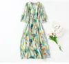 2023 Summer Multicolor Print Belted Single-Breasted Silk Dress 1/2 Half Sleeve V-Neck Ruffled Midi Casual Dresses C3Q04 Plus Size XXL 5070