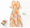 2023 Summer Pink Floral Print Beaded Silk Dress 1/2 Half Sleeve V-Neck Ruffled Midi Casual Dresses C3Q04 Plus Size XXL 5058