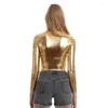 Women's T Shirts Pu Short Tops Women Liquid Metallic Leather Long Sleeve Crop Top Punk Turtleneck Dance Clubwear Shirt Costumes Cropped