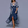 Robes de soirée Boho femme Sexy col en V profond rétro Vintage imprimé fleuri demi manches tunique ceinturée longue Maxi robe femme 2023
