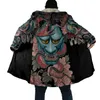 Kot damla nakliye kış erkek pelerin samurai oni maske dövme 3D baskı polar kapşonlu pelerin unisex rahat kalın sıcak pelerin pf31