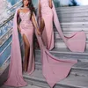Sexy fenda lateral rosa elegante cetim sereia vestidos de baile com capa longa envoltório brilho lantejoulas kaftan frisado dubai árabe plissado vestidos de noite formais vestidos de festa CL2573