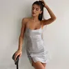 Lässige Kleider Sexy V-Ausschnitt Sommerkleid Elegant 2023 Ärmellose Frau Abend Spaghetti Strap Party Bodycon Silber Kurz