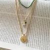 Pendant Necklaces Trendy Gold Color Bead With Green Strand Clear Stone Round Disc Charm Layered Necklace For Women Girl Lovely Chic Jewelry