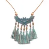 Подвесные ожерелья женщины Boho Vintage Blue Mixed Tassel Ожерелье кожа