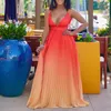 Casual Dresses Deep V Halter Long Dress Women Pleated Sexy Sleeveless Backless Vacation Color Block Contrast Club High Street Prom African