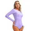 Traje de baño Sexy para mujer, traje de baño de leotardo para mujer, traje de baño de manga larga con cuello redondo y espalda en U, traje de baño liso brillante de una pieza