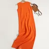 Robes décontractées été tricoté Orange col rond sans manches Midi débardeur robe filles élégant évider mince longue ample pour les femmes