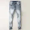 Men's Jeans Italian Style Fashion Men Retro Light Gray Blue Elastic Stretch Ripped Slim Fit Vintage Designer Denim Pants