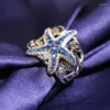 Cluster Rings Fashion Blue Starfish 925 Stamps For Women With Bling Zircon Stone Wedding Engagement Cute Selling Jewelry