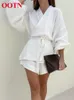 Damskie dwuczęściowe spodnie OOTN Office Lady 2-częściowy strój 100% bawełna Wrap V-neck Lantern Sleeve Top Sashes Summer Women Suits Spodenki z elastyczną talią Zestawy 230707