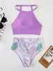 Calças sexy luz roxo cintura alta biquíni 2022 mulher alta pescoço maiô feminino duas peças de banho feminino impressão beach wear maiô