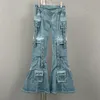 2023 été piste solide coton Flare jean femmes mode taille haute perforé cors 6 poches Cargo pantalon bleu océan